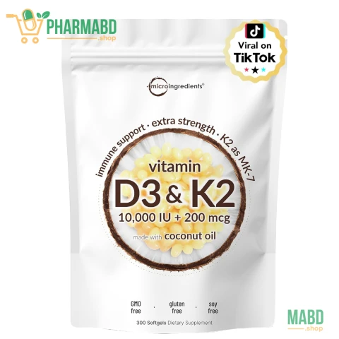 Micro Ingredients Vitamin D3 10,000 IU + K2 MK-7 200 mcg, 300 Softgels with Virgin Coconut Oil