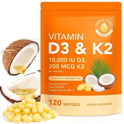 Vitamin D3 K2 Supplement 10000 IU Supports Immune, Heart, Teeth & Bone Health, 120 Softgels