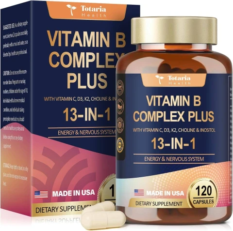 Totaria Health Vitamin B Complex Plus with Vitamin B1, B2, B3 (Niacinamide), B4, B5, B6, B7 (Biotin), B8 (Inositol), B9 (Folate), B12, C, D3, K2, 120 Capsules