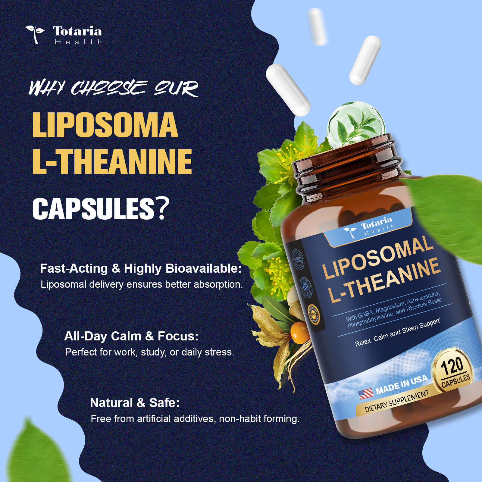 Totaria Health Liposomal L-Theanine Supplement 750mg 120 Capsules
