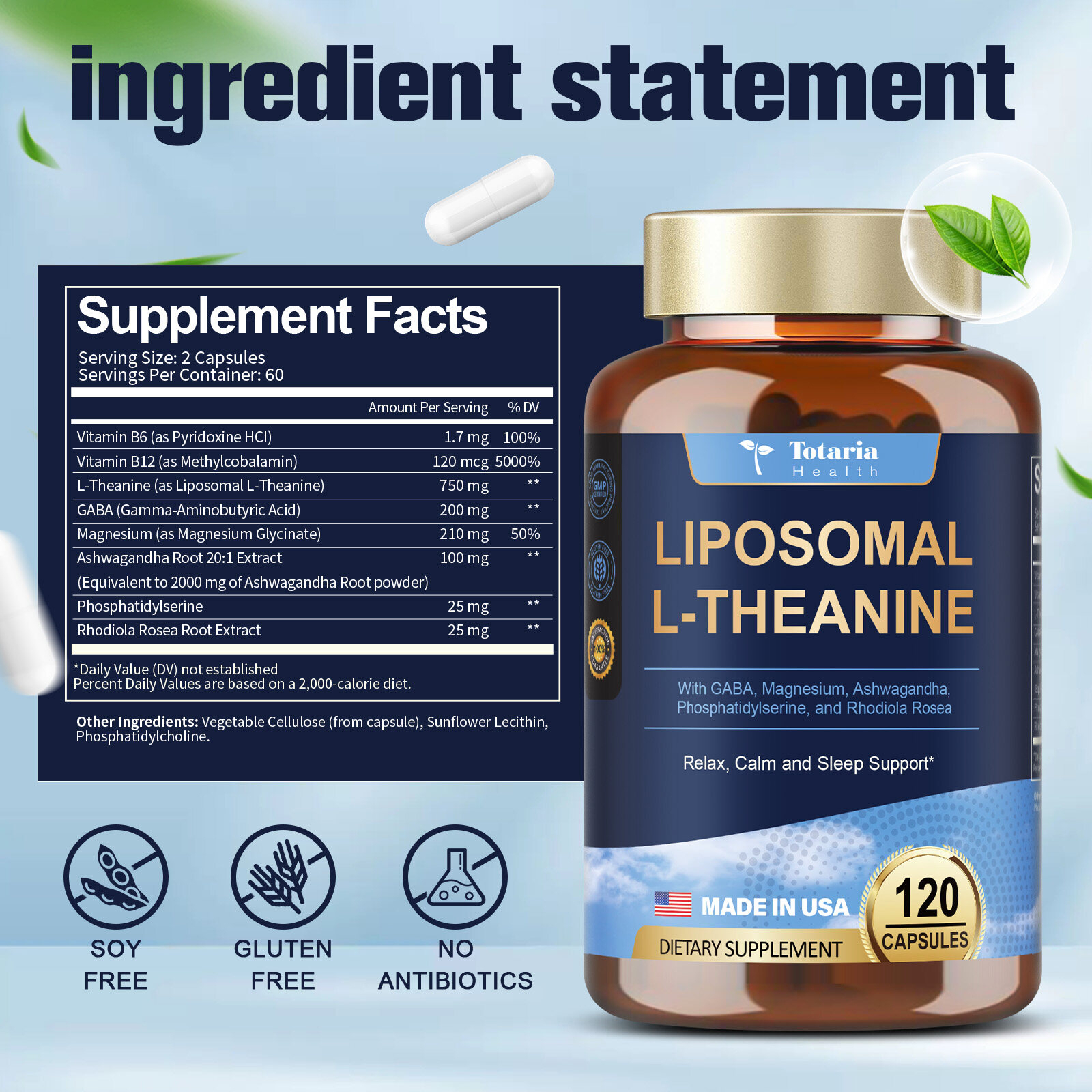 Totaria Health Liposomal L-Theanine Supplement 750mg 120 Capsules