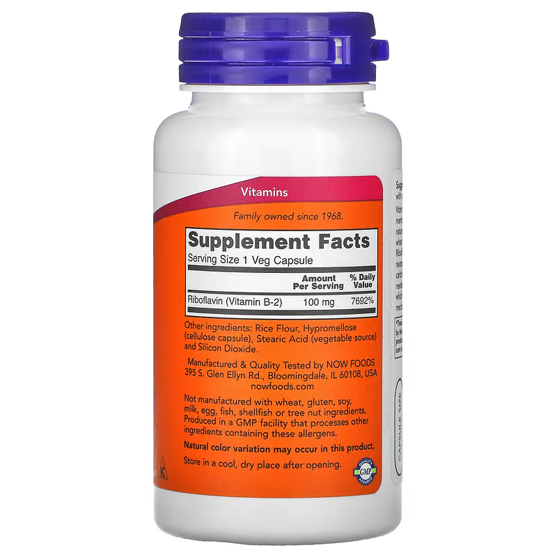 NOW Supplements Vitamin B-2 (Riboflavin) 100 mg, 100 VegCaps