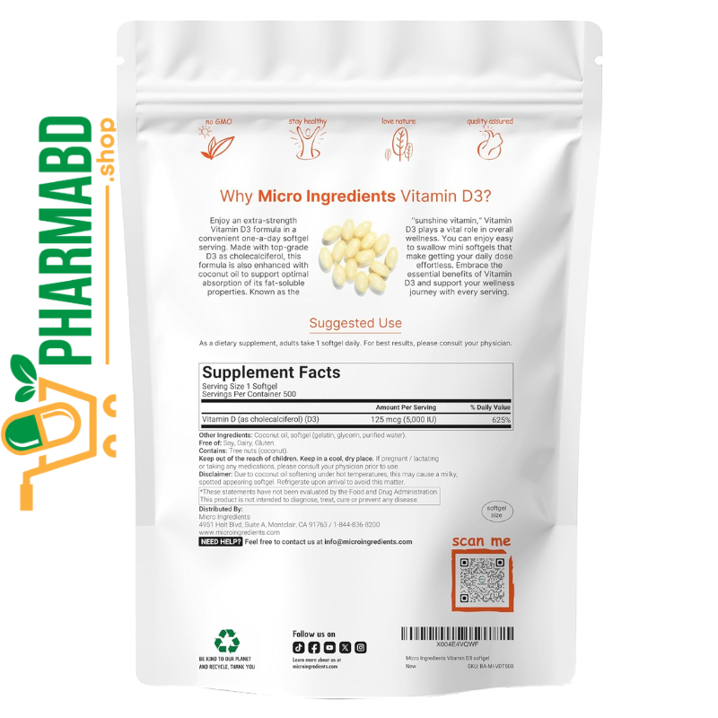 Micro Ingredients Vitamin D3 5,000 IU, 500 Softgels