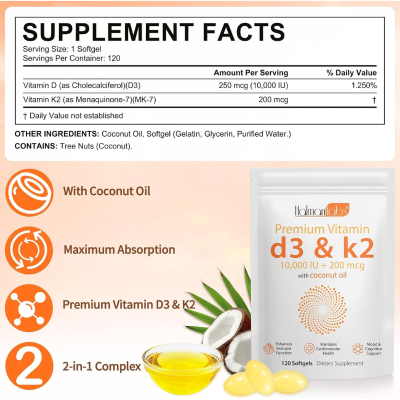 MXCZBSM Vitamin D3 K2 10000 IU, Immune, Heart, Teeth & Bone Health, 120 Softgels