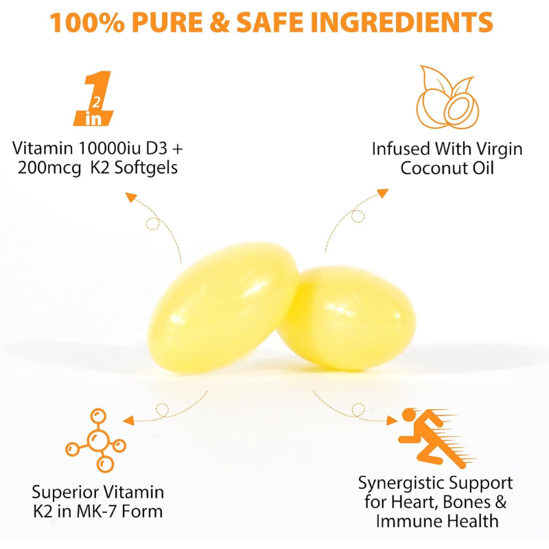 MXCZBSM Vitamin D3 K2 10000 IU, Immune, Heart, Teeth & Bone Health, 120 Softgels