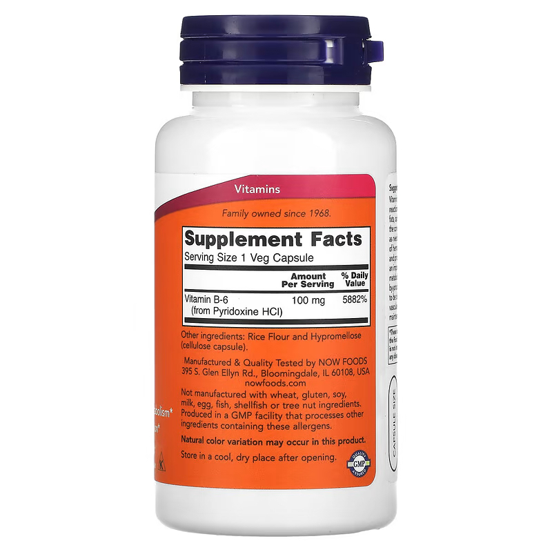 NOW Foods, B-6, 100 mg, Cardiovascular Health, 100 VegCaps