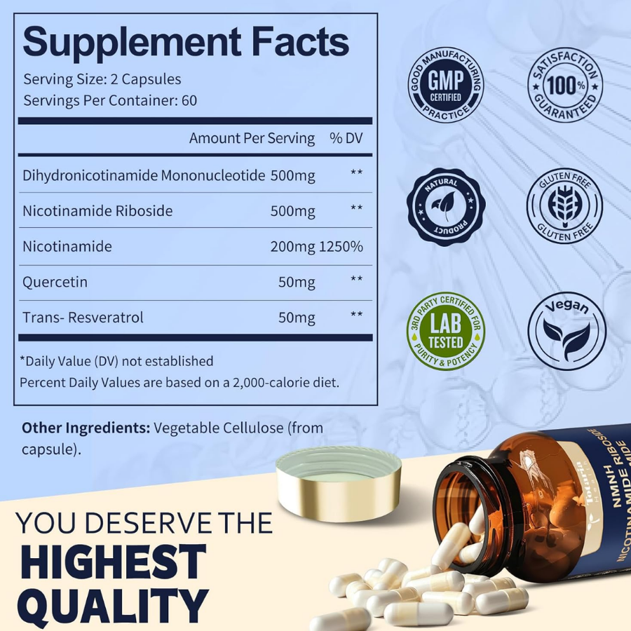 Totaria NMNH 500mg (Dihydronicotinamide Mononucleotide), Niacinamide (Vitamin B3), Quercetin, Resveratrol, NAD+, 120 Capsules