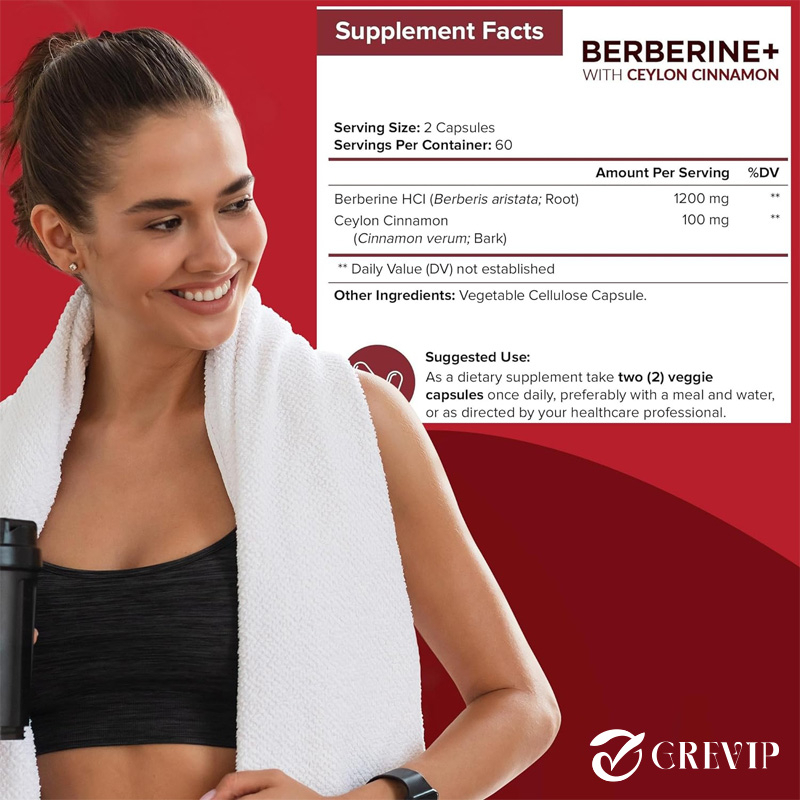 Grevip Berberine with Ceylon Cinnamon Supplement, 120 VegCapsules