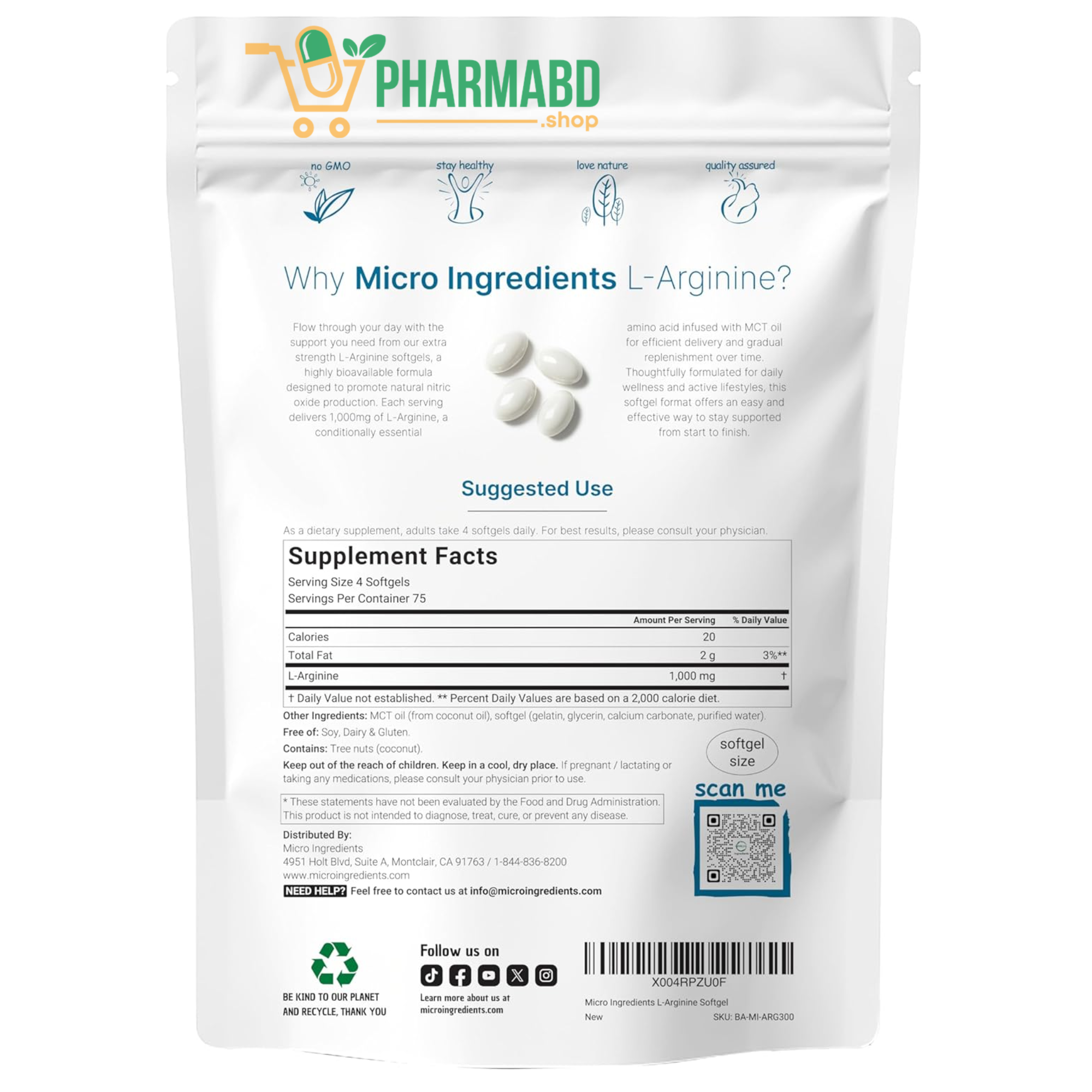 Micro Ingredients L-Arginine 1000mg with MCT Oil 300 Softgels