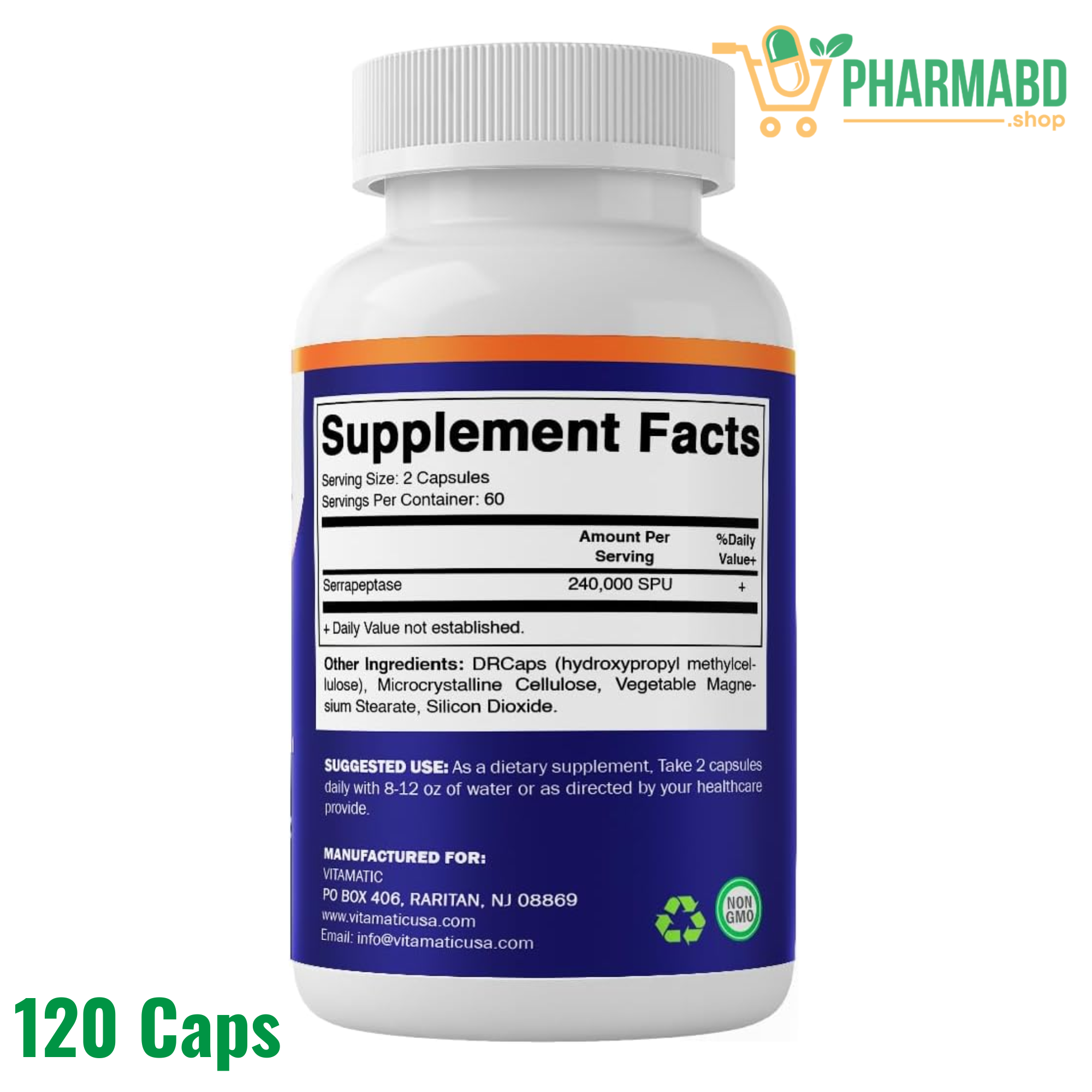 Vitamatic Serrapeptase 240,000 SPU Servings, 120 Capsules