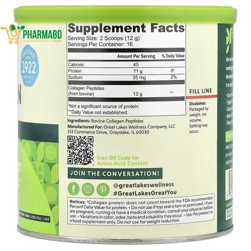 Great Lakes Wellness, Quick Dissolve Collagen Peptides, Unflavored, 7 oz 198 gram