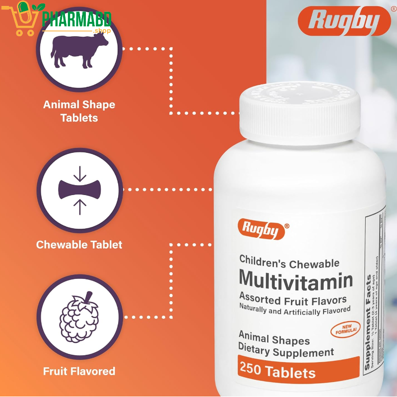 Rugby Children’s Chewable Multivitamin Fruit Flavors Animal Shapes, 250 Tablets