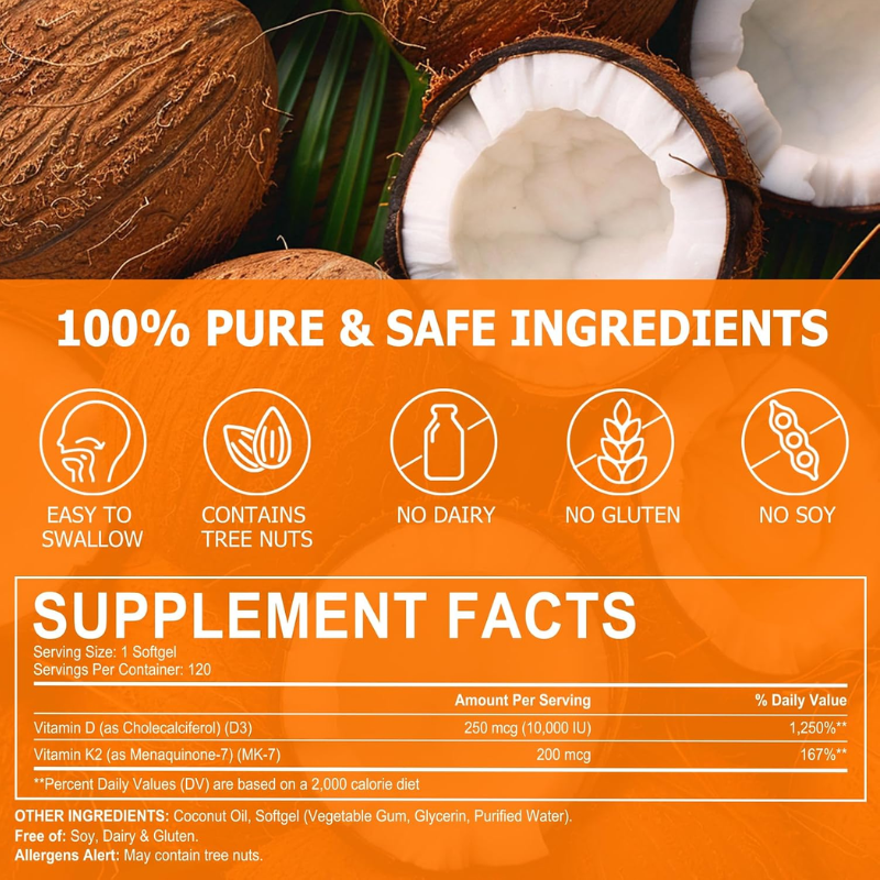Vitamin D3 K2 Supplement 10000 IU Supports Immune, Heart, Teeth & Bone Health, 120 Softgels