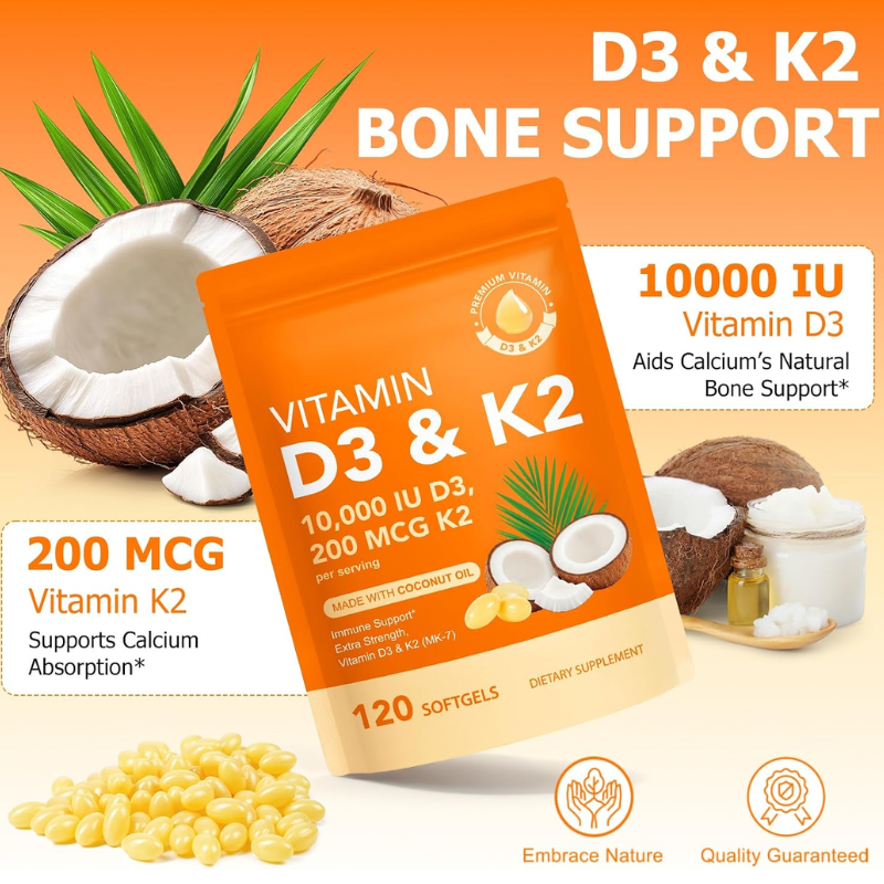 Vitamin D3 K2 Supplement 10000 IU Supports Immune, Heart, Teeth & Bone Health, 120 Softgels