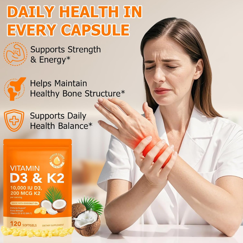 Vitamin D3 K2 Supplement 10000 IU Supports Immune, Heart, Teeth & Bone Health, 120 Softgels