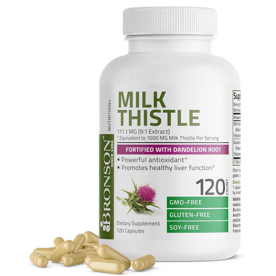 Bronson Milk Thistle Silymarin Marianum & Dandelion Extract, 120 Capsules