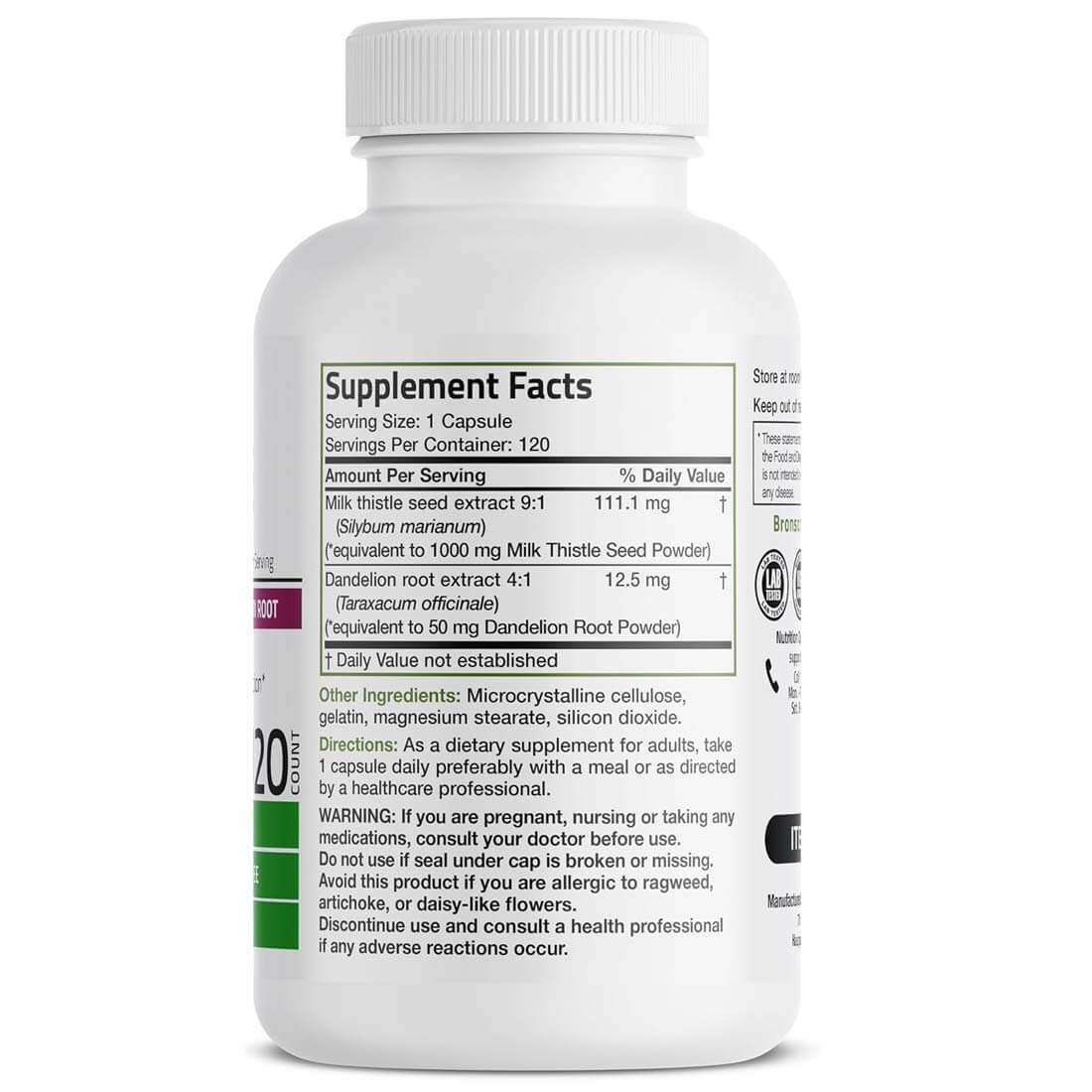 Bronson Milk Thistle Silymarin Marianum & Dandelion Extract, 120 Capsules