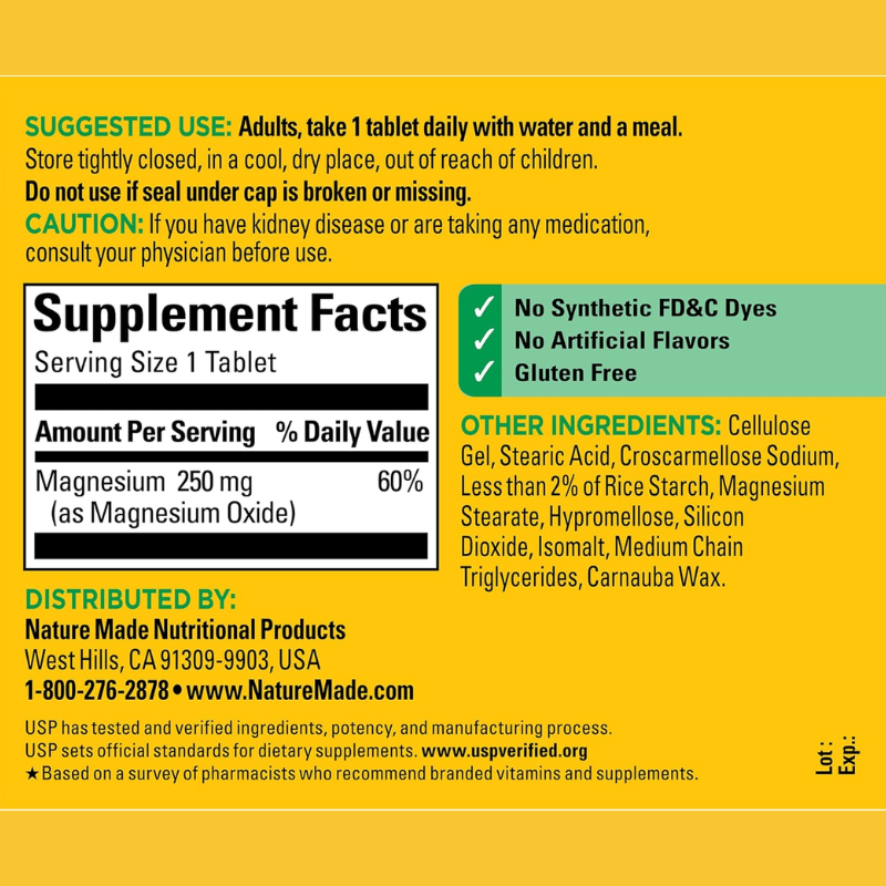 Nature Made Magnesium Oxide 250 mg for Muscle Relaxation, 200 Tablets