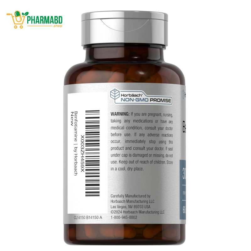 Horbaach Benfotiamine 300mg with Vitamin B1 Thiamine 60 Capsules