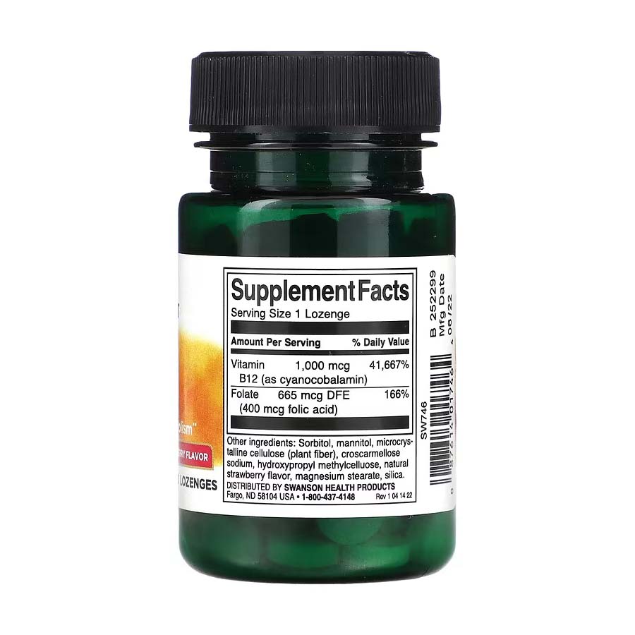 Swanson Vitamin B12 with Folate, Strawberry, 100 Lozenges