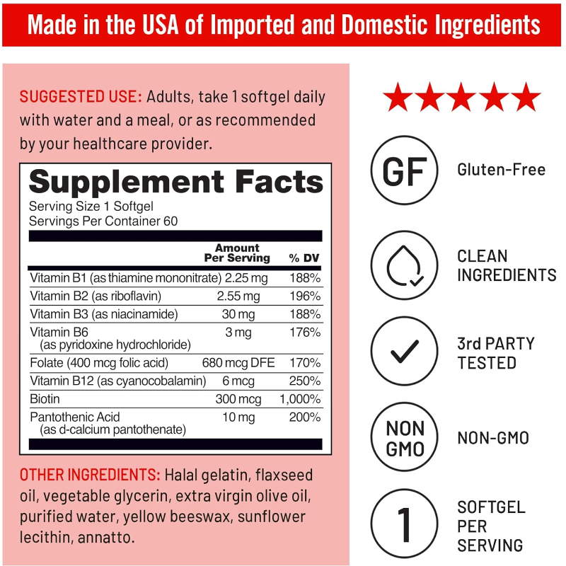 NatureWise Vitamin B Complex with Folic Acid Biotin B1 B2 B3 B6 B12, 60 Softgels