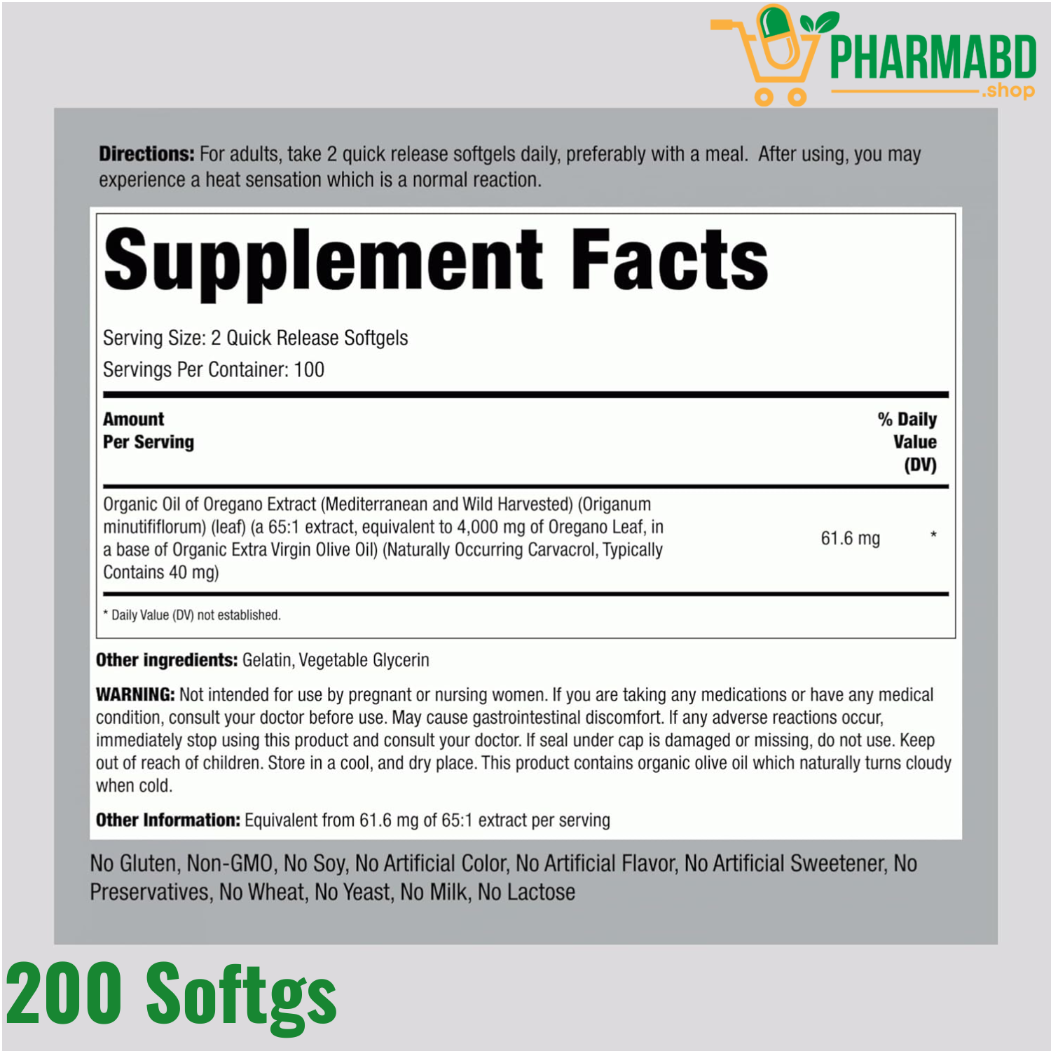 Piping Rock Oregano Oil  200 Softgel Capsules