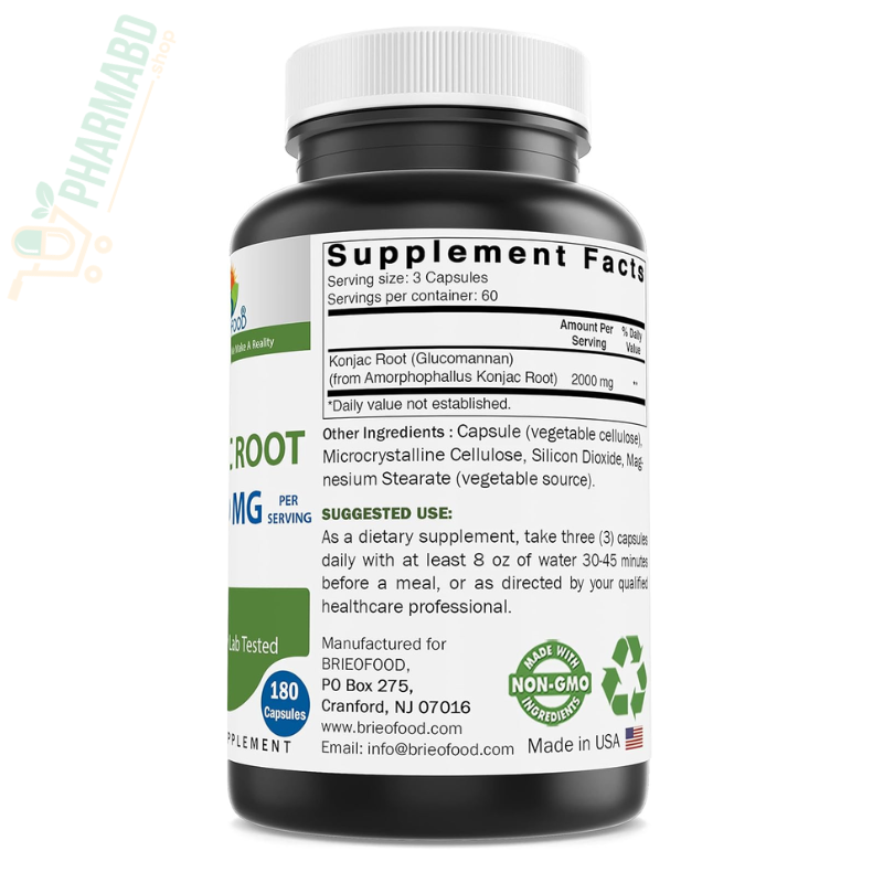 Brieofood Konjac Root Glucomannan 2000 mg, 180 Veg Capsules