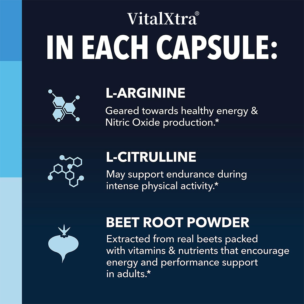 VitalXtra L-Arginine + L-Citrulline Supplement with Beet root Powder, 120 Capsules