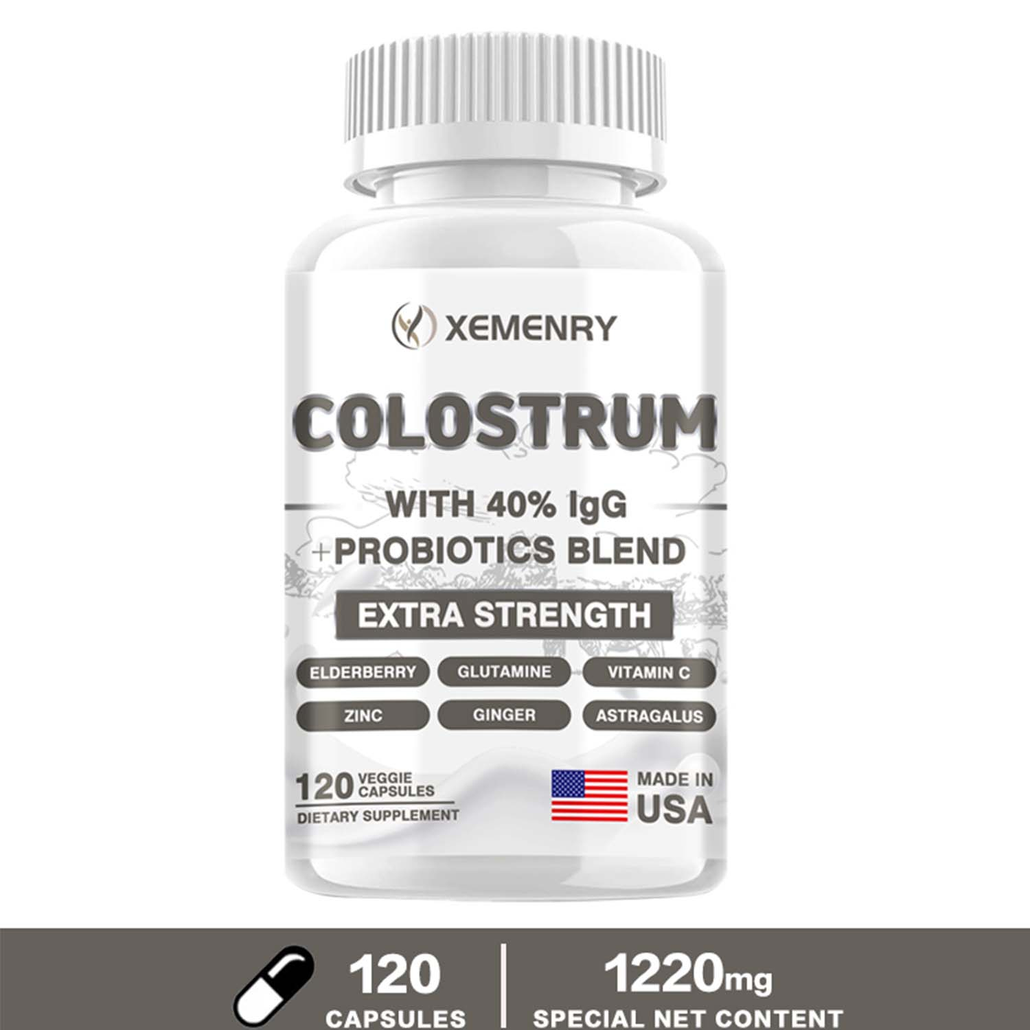 Xemenry Bovine Colostrum Supplement 40% IgG, 120 Capsules
