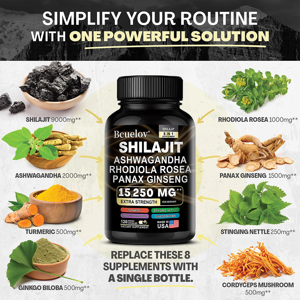 Bcuelov Shilajit, Ashwagandha, Rhodiola, Ginseng Supplement, 120 Capsules