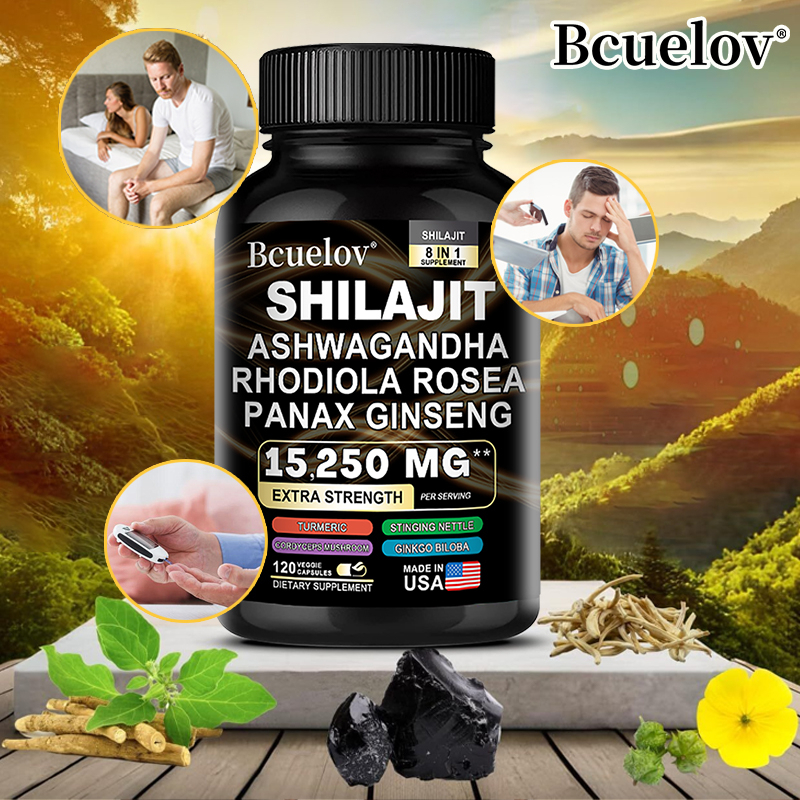 Bcuelov Shilajit, Ashwagandha, Rhodiola, Ginseng Supplement, 120 Capsules