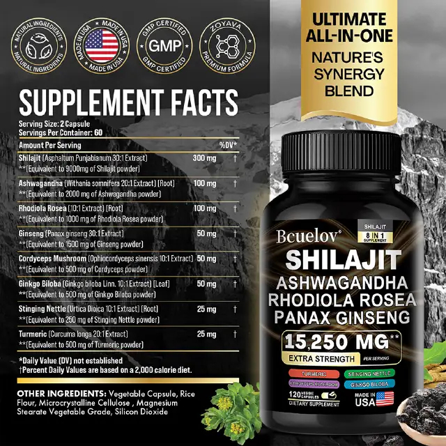 Bcuelov Shilajit, Ashwagandha, Rhodiola, Ginseng Supplement, 120 Capsules