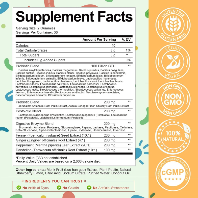 Totaria Sugar Free Probiotic Prebiotic Postbiotic Enzymes, 60 Gummies