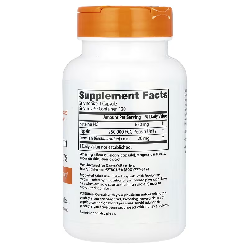 Doctor's Best, Betaine HCl Pepsin & Gentian Bitters, 120 Caps