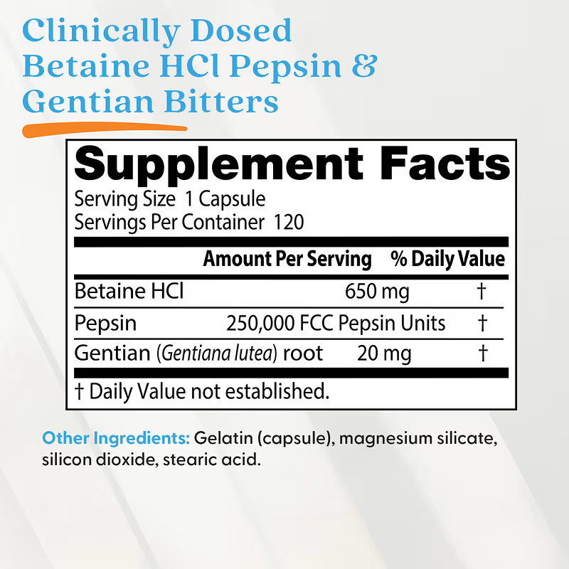 Doctor's Best, Betaine HCl Pepsin & Gentian Bitters, 120 Caps