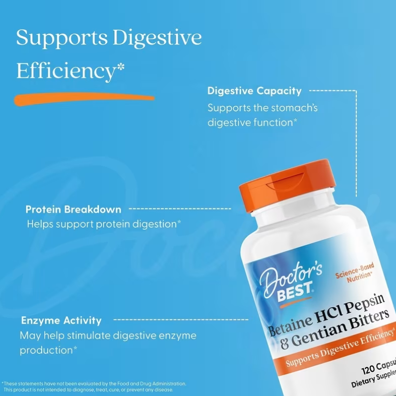 Doctor's Best, Betaine HCl Pepsin & Gentian Bitters, 120 Caps