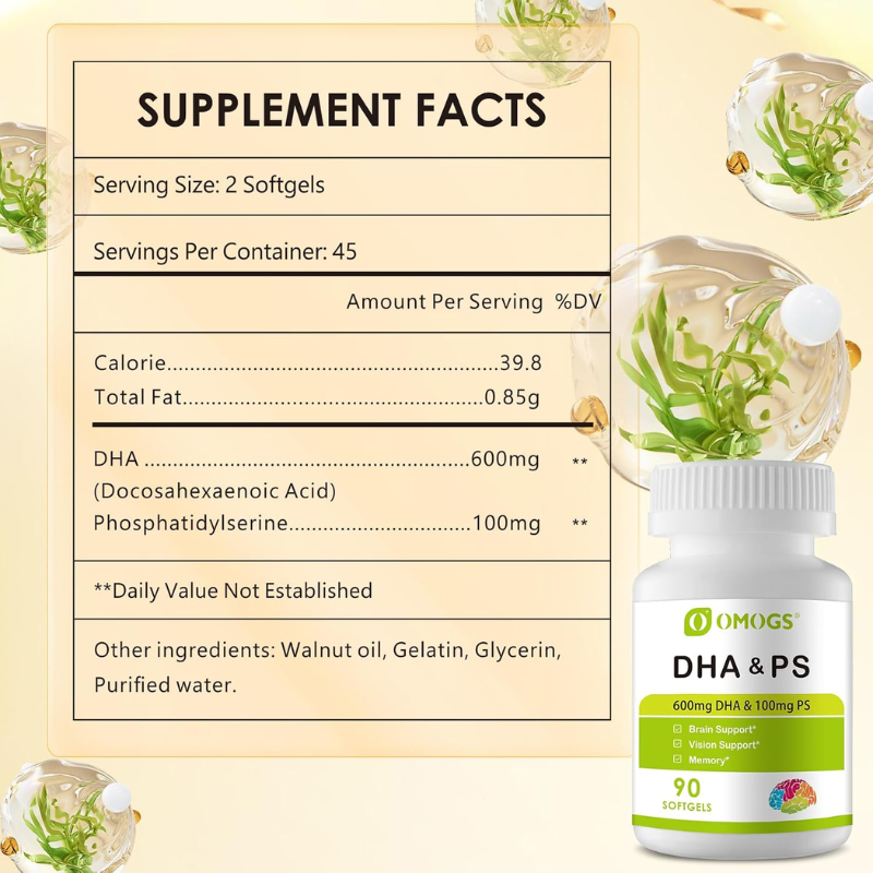 OMOGS Algae DHA & PS, DHA-600mg, PS-100mg, 90 Softgels