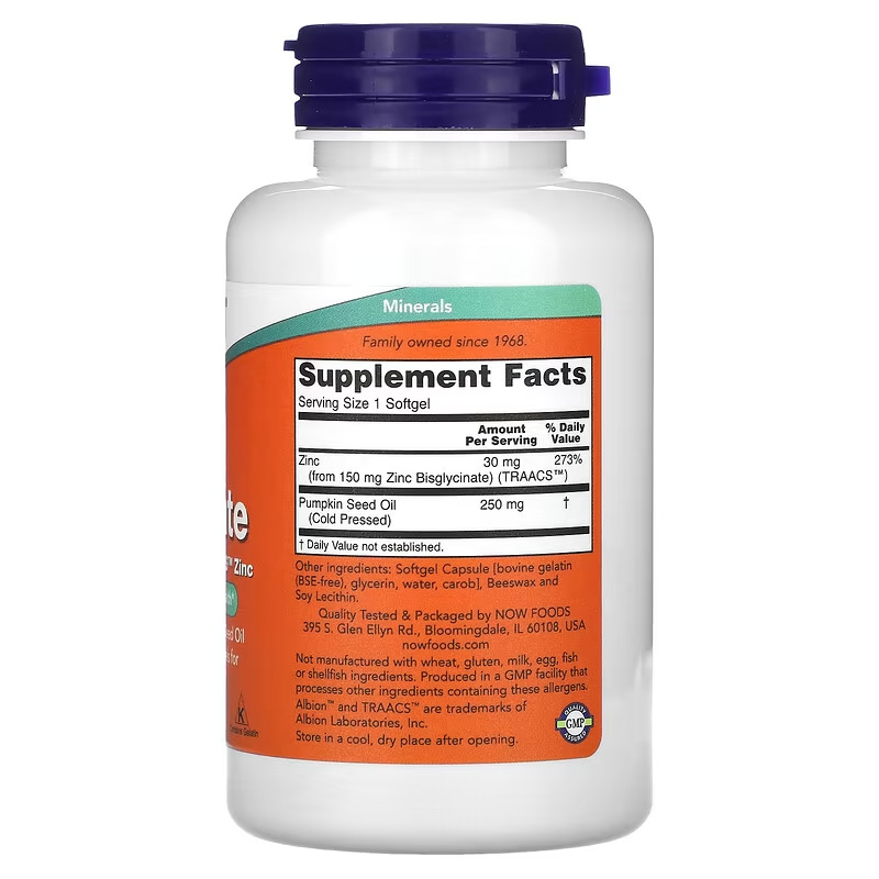 NOW Foods, Zinc Glycinate Supplement, 120 Softgels