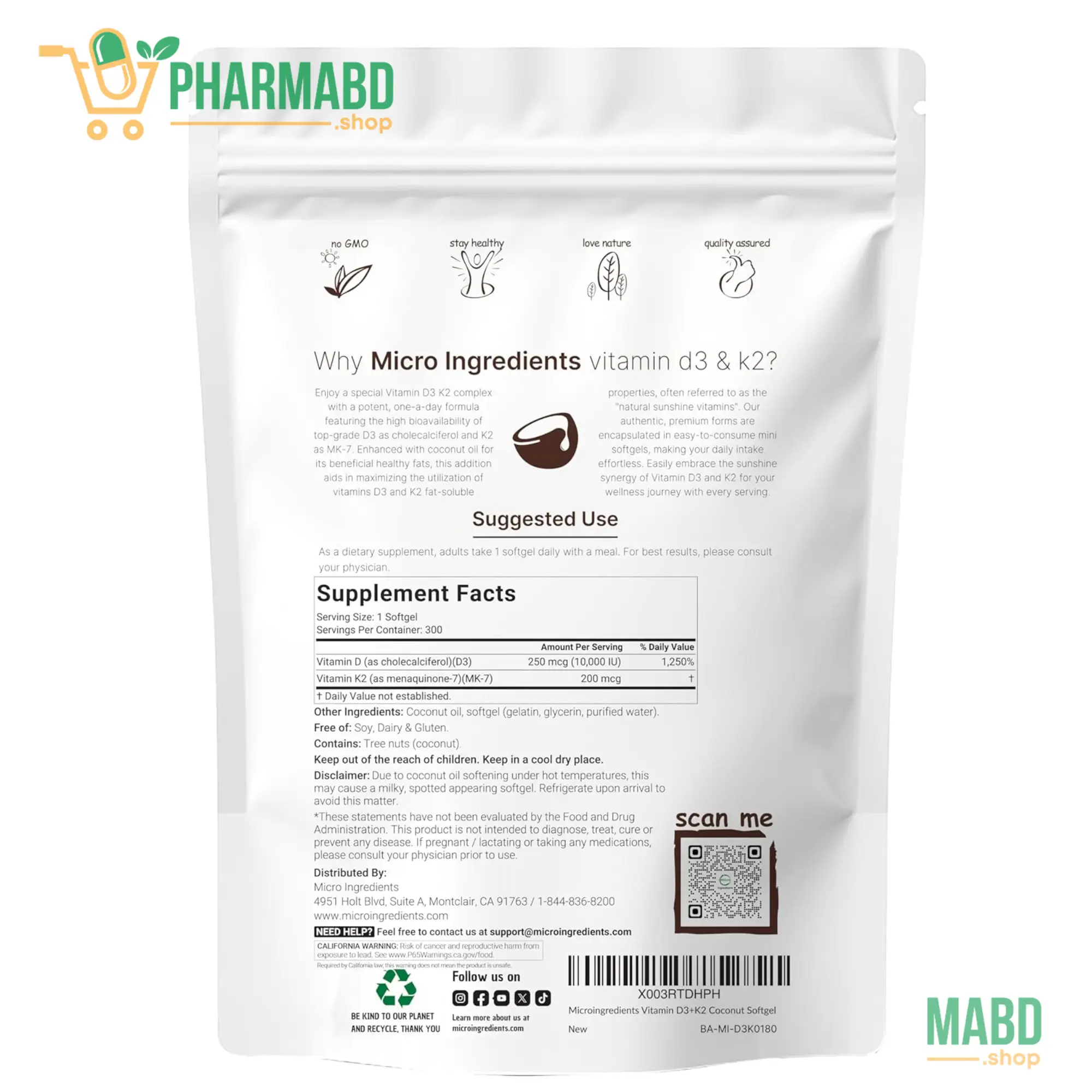 Micro Ingredients Vitamin D3 10,000 IU + K2 MK-7 200 mcg, 300 Softgels with Virgin Coconut Oil