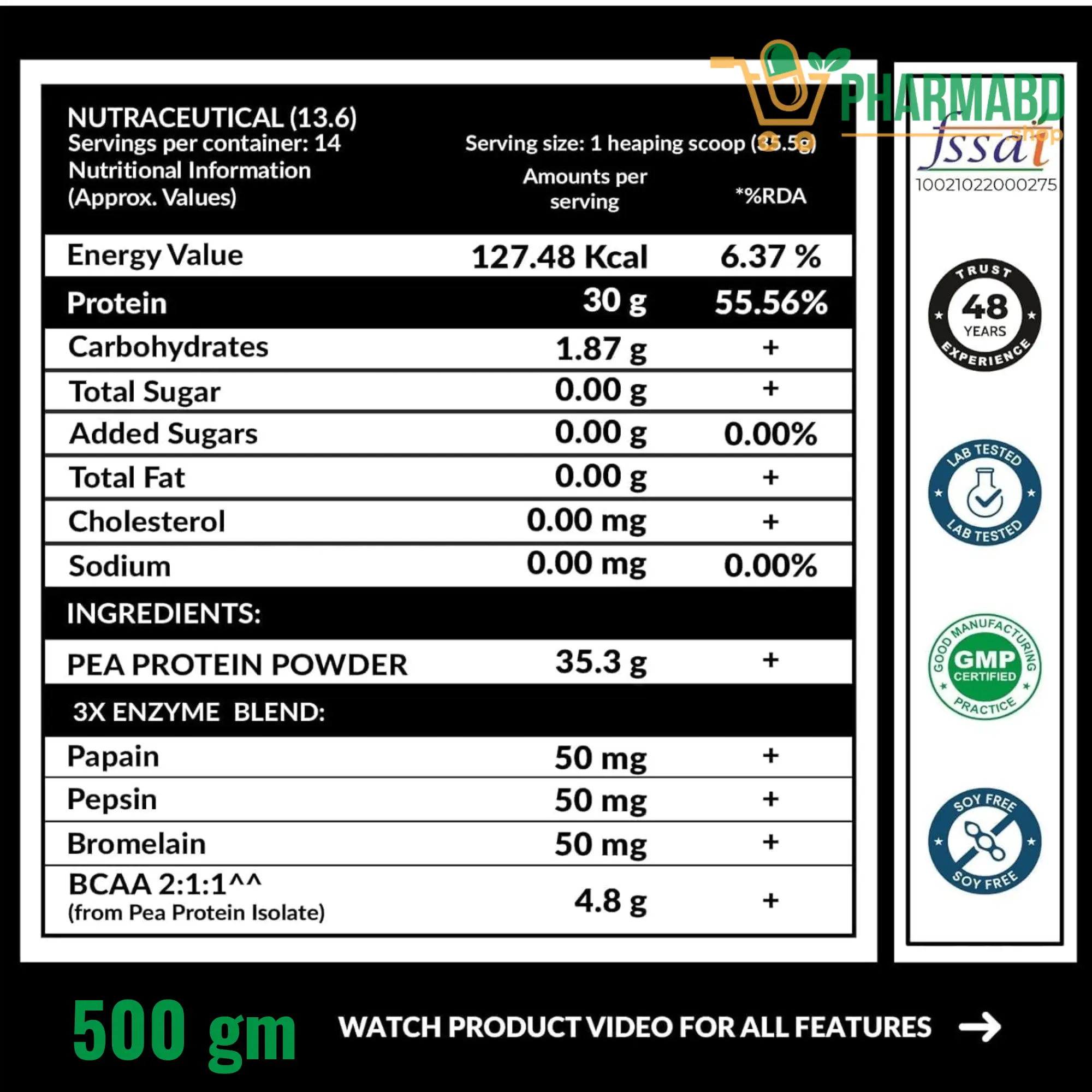 Carbamide Forte Pea Protein Isolate Powder 500 grams With 4.8G BCAA