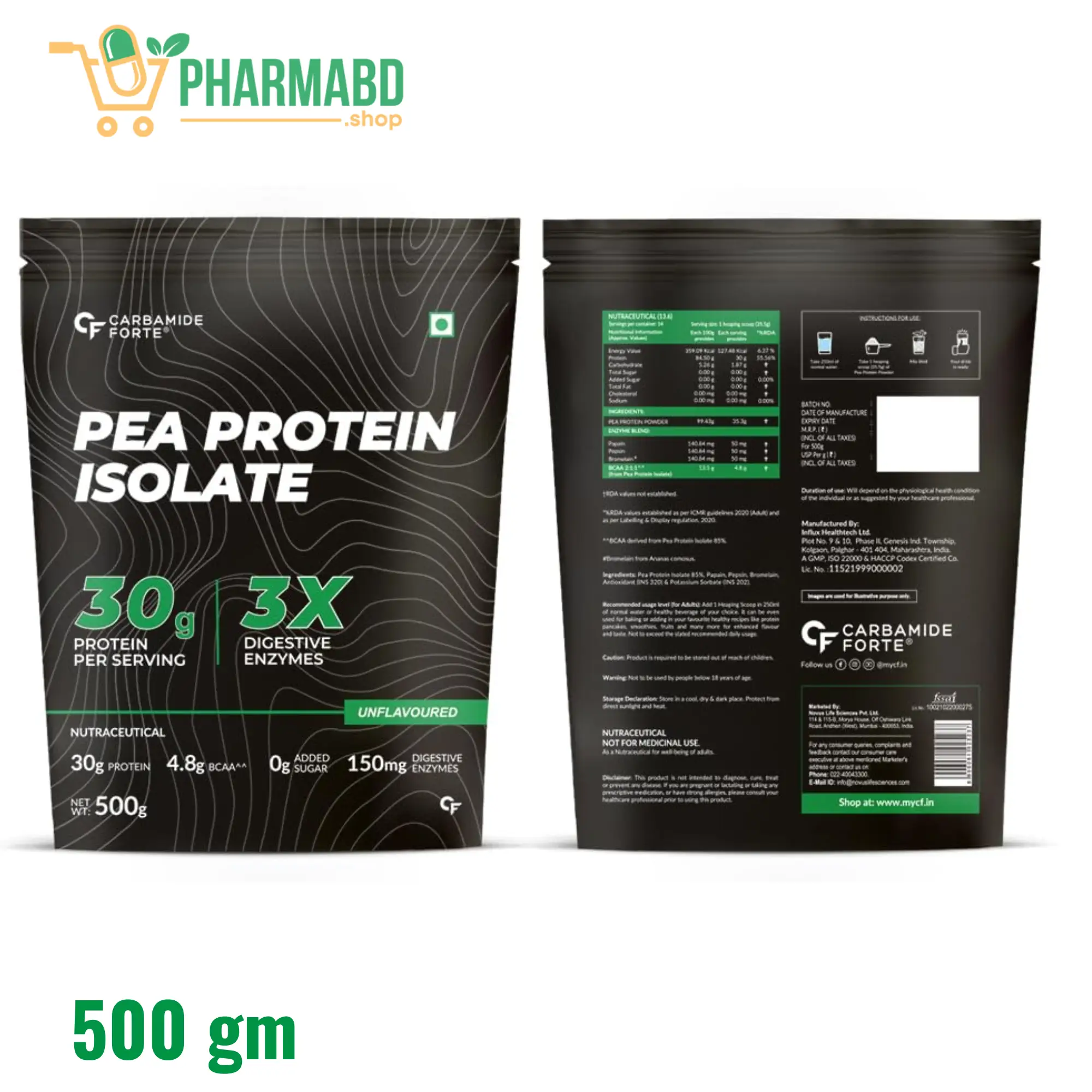 Carbamide Forte Pea Protein Isolate Powder 500 grams With 4.8G BCAA