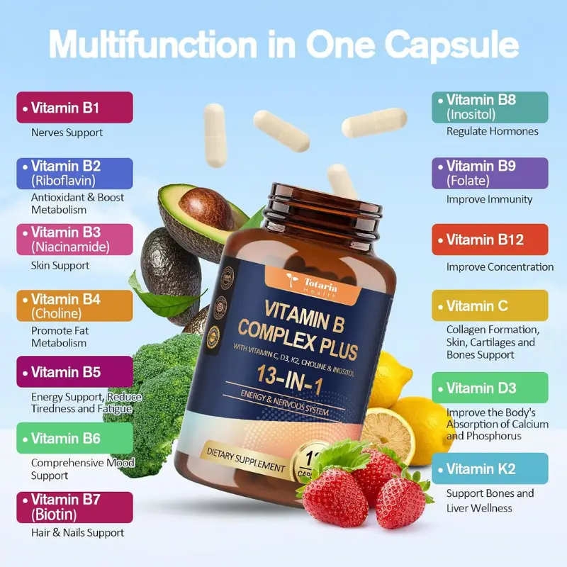 Totaria Health Vitamin B Complex Plus with Vitamin 13-in-1, 120 Capsules