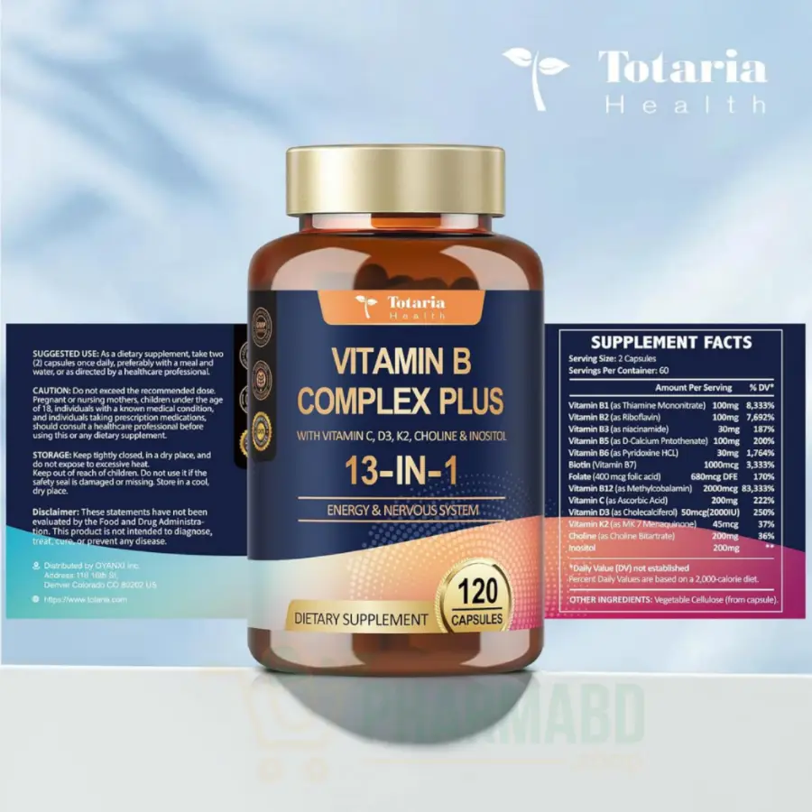 Totaria Health Vitamin B Complex Plus with Vitamin 13-in-1, 120 Capsules