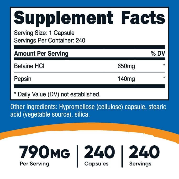 Nutricost, Betaine HCl + Pepsin Supplement, 240 Capsules
