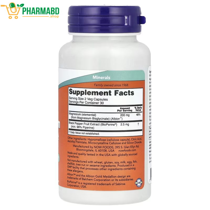 NOW Foods Magnesium Glycinate With BioPerine, 60 Veg Caps