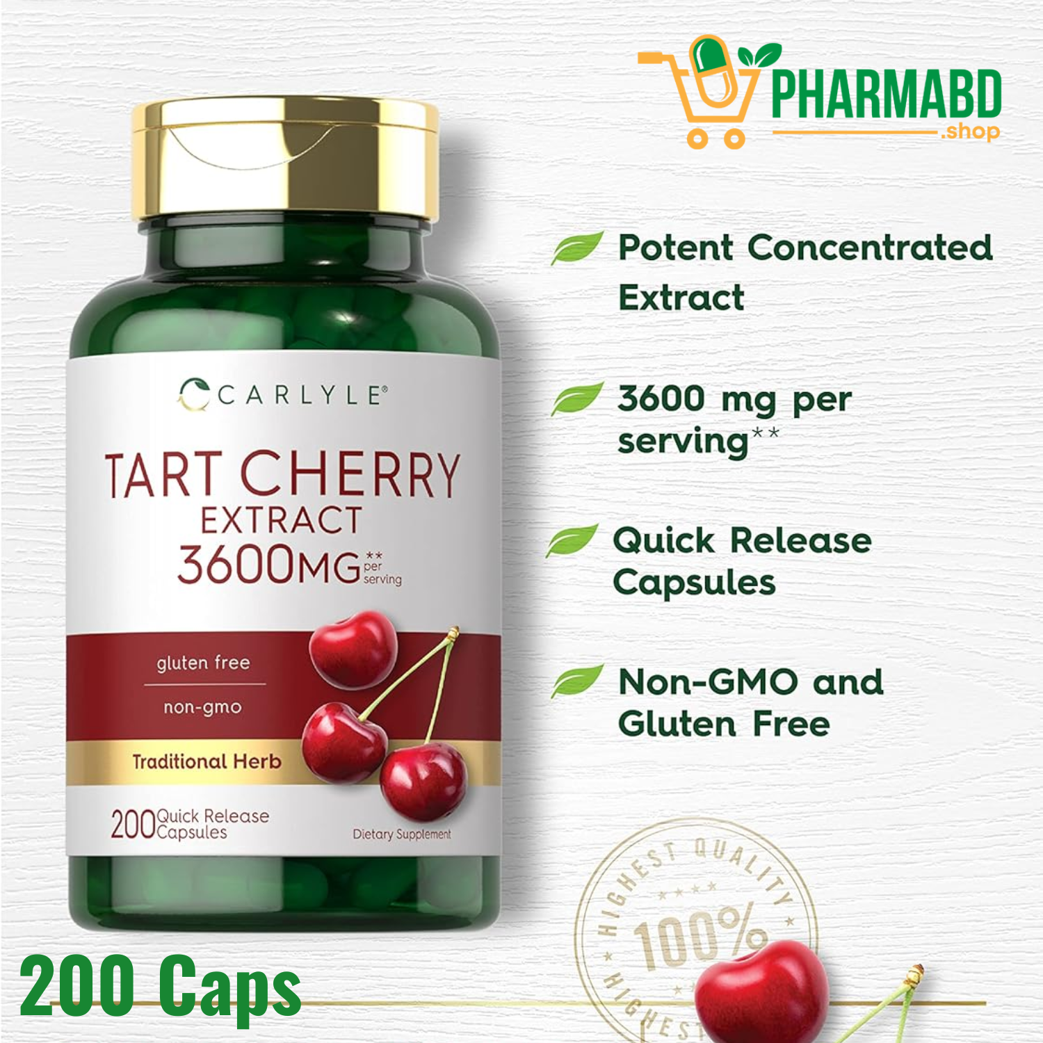 Carlyle Tart Cherry Extract Supplement, 200 Capsules