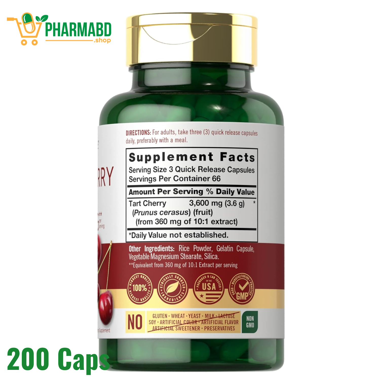 Carlyle Tart Cherry Extract Supplement, 200 Capsules