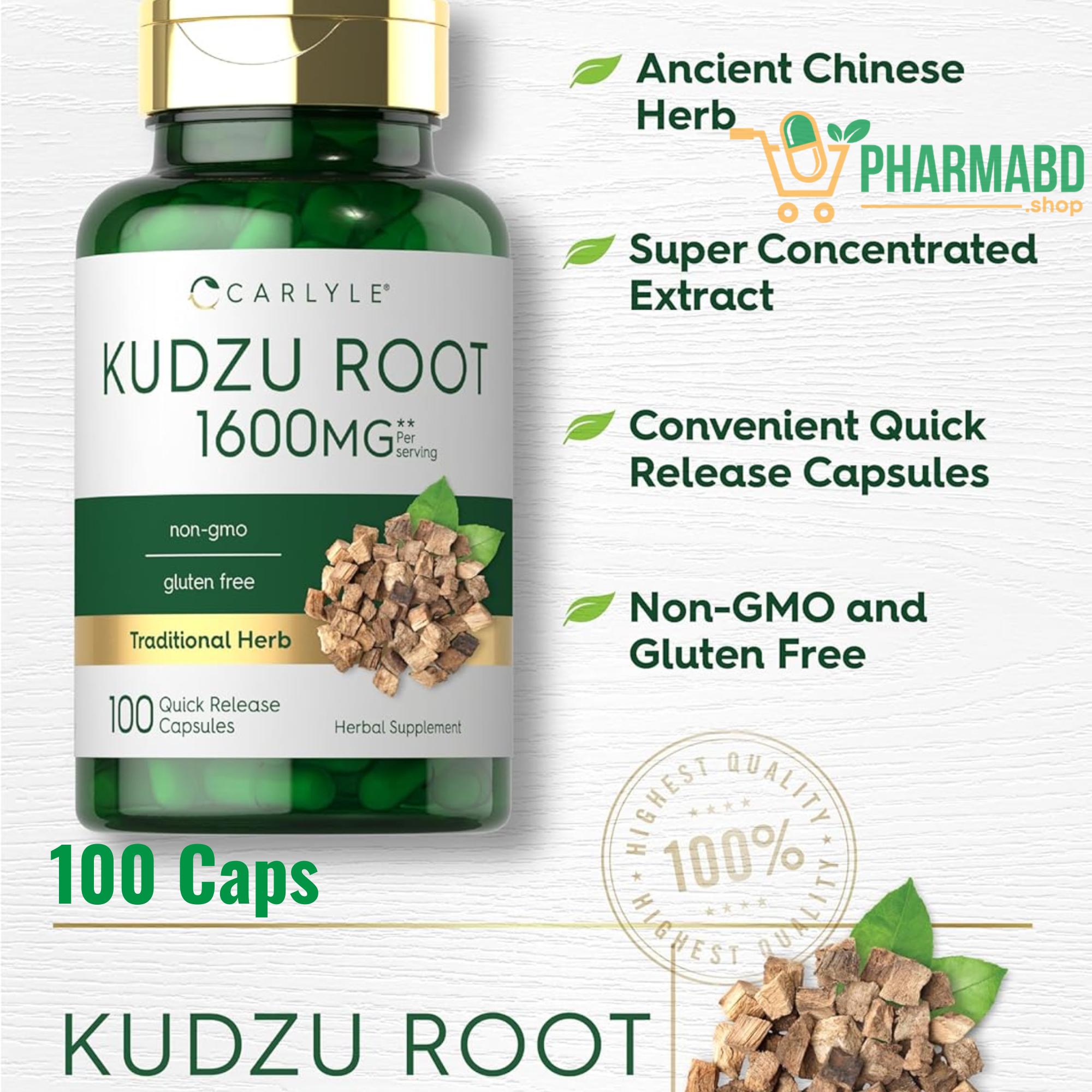 Carlyle Kudzu Root Extract Supplement, 100 Capsules
