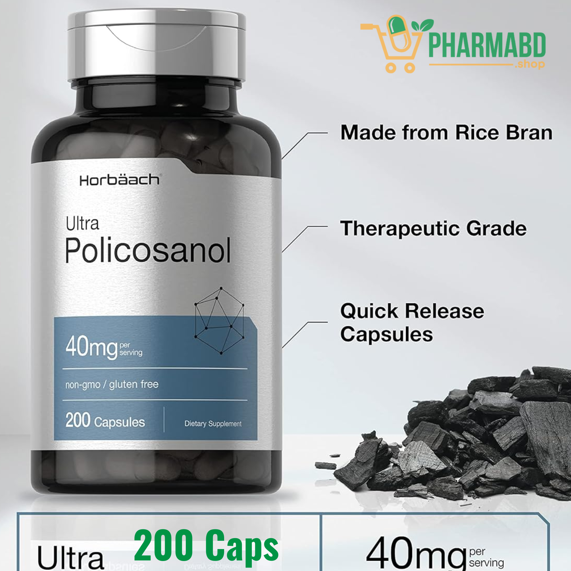 Horbäach Policosanol Supplement  40 mg, 200 Capsules
