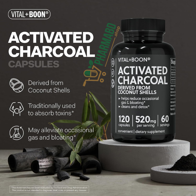 Vital+Boon Activated Charcoal, Coconut Shell 120 Capsules